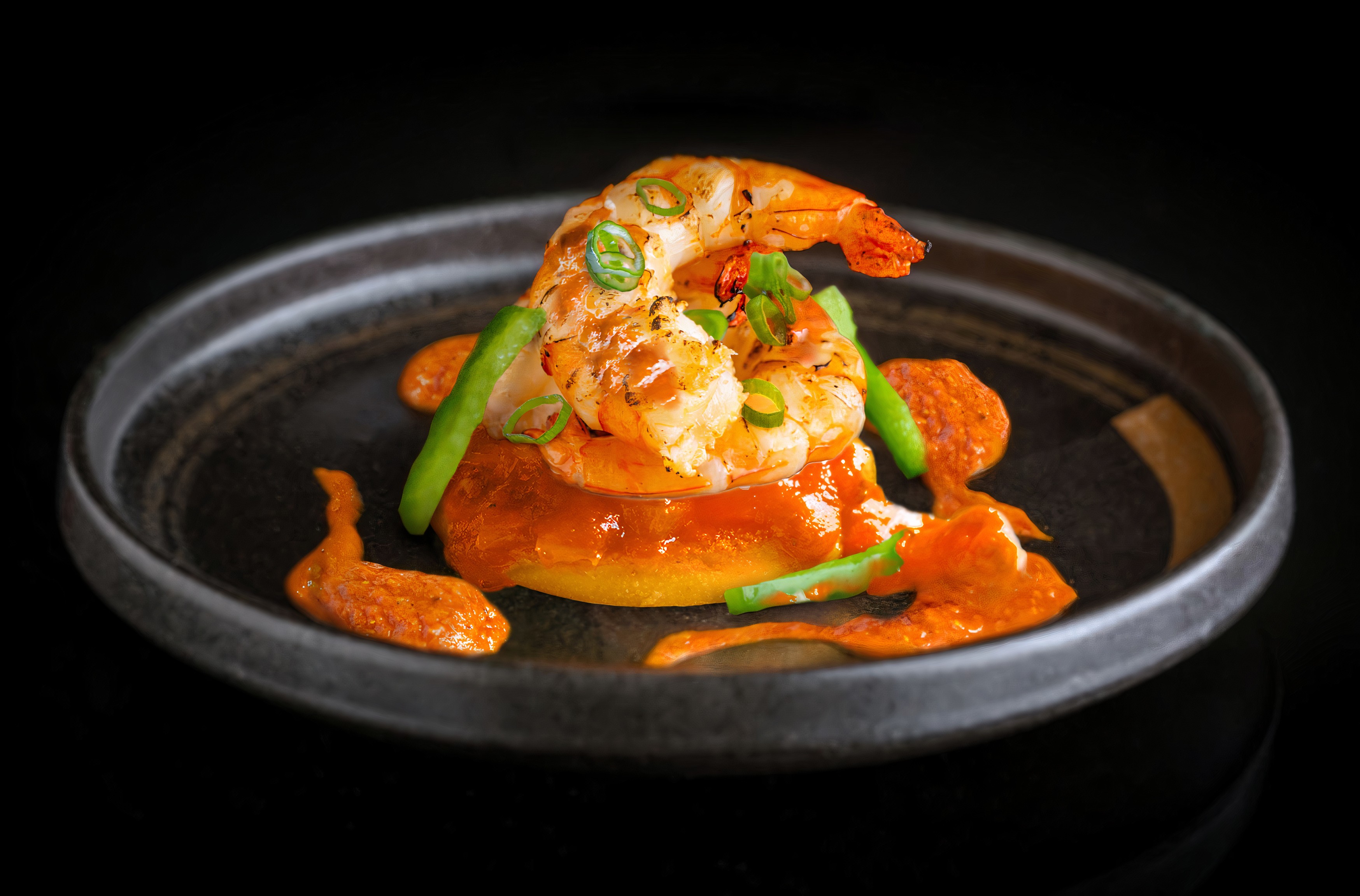 Chipotle Grilled Shrimp with Polenta and Guajillo Pepper-BBQ Cream Sauce