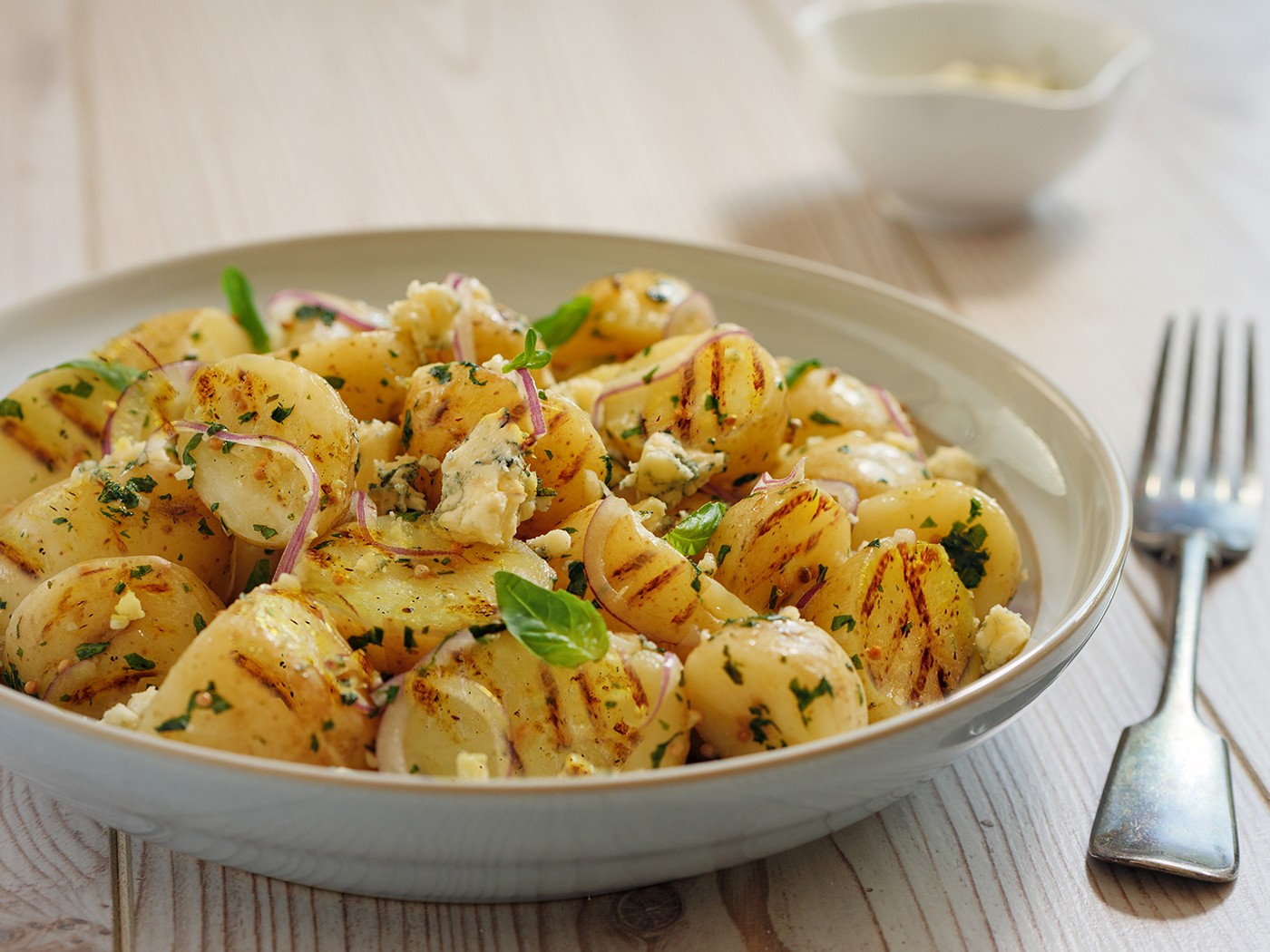 Grilled Herbed Fingerling Potato Salad with Blue Cheese