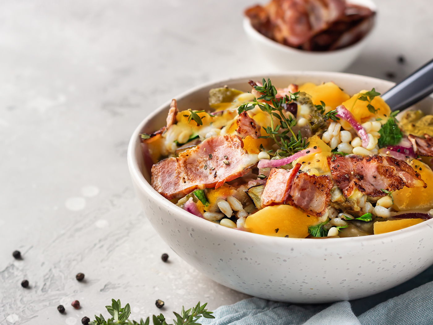 Roasted Sweet Potato Farro, Bacon and Field Greens Salad