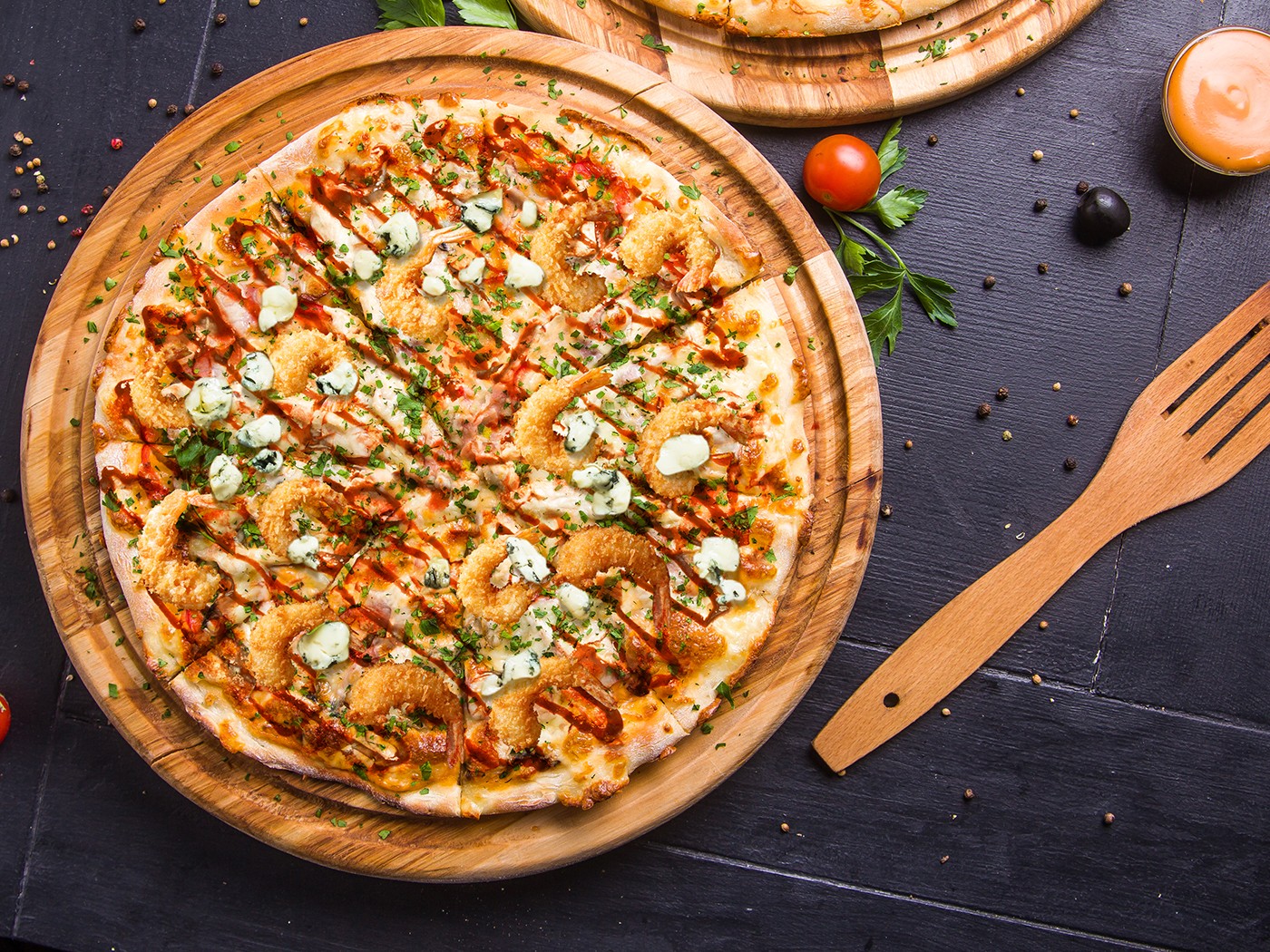 Buffalo Blue Cheese Fried Shrimp Pizza
