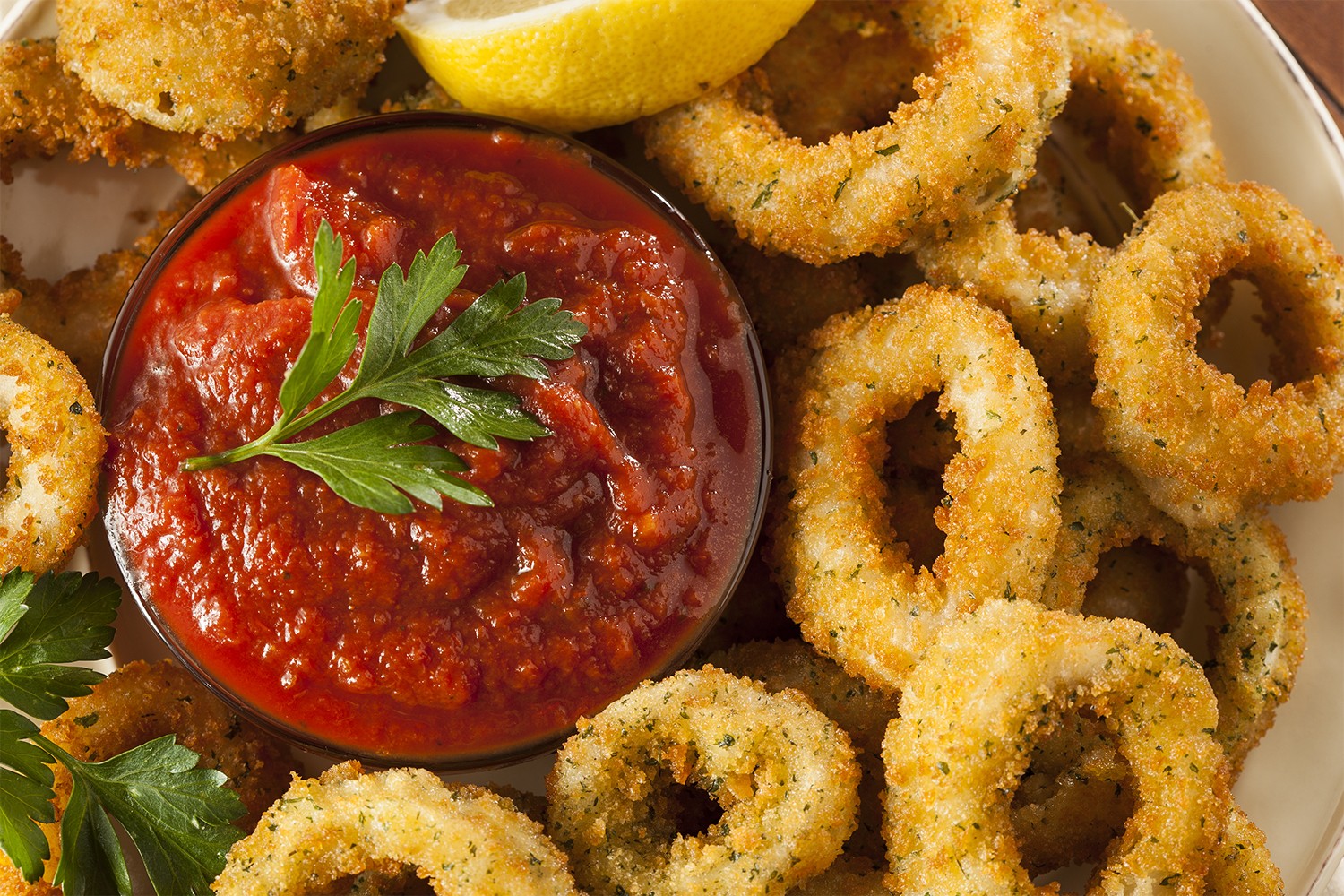 Crispy Fried Calamari with Harissa Remoulade Cilantro Sauce