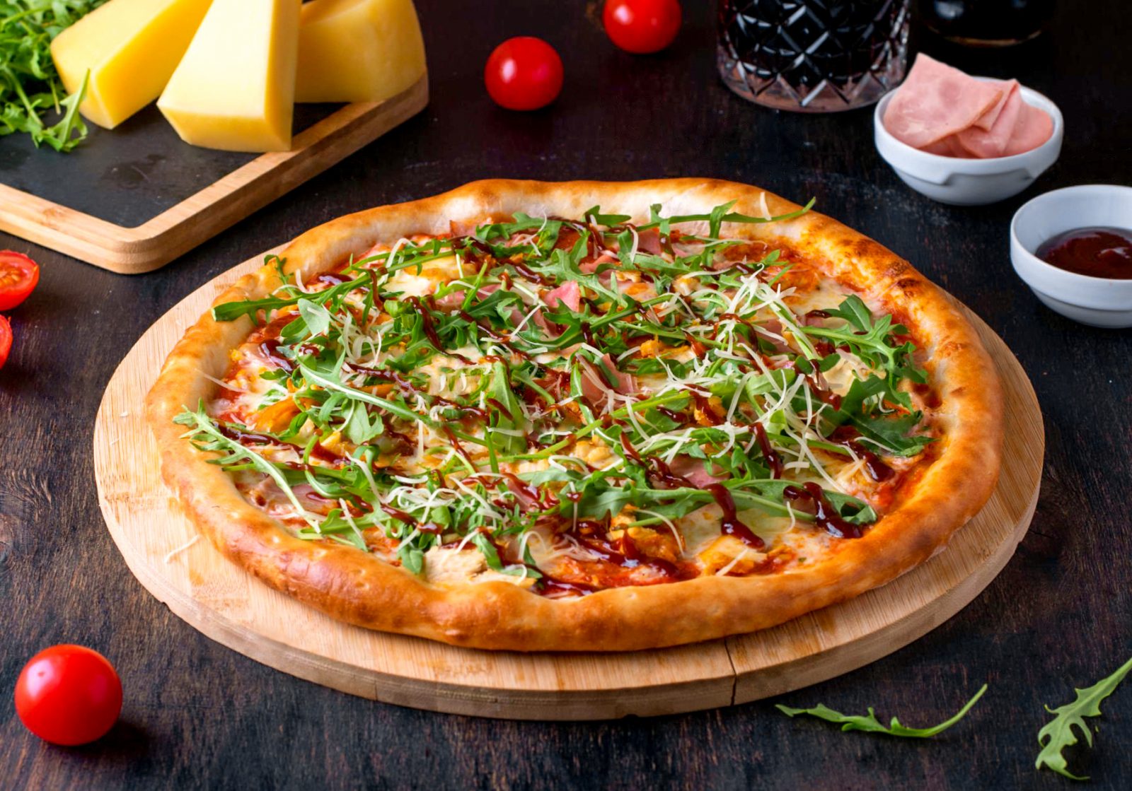 Ham, Shaved Parmesan Cheese and Arugula Pizza