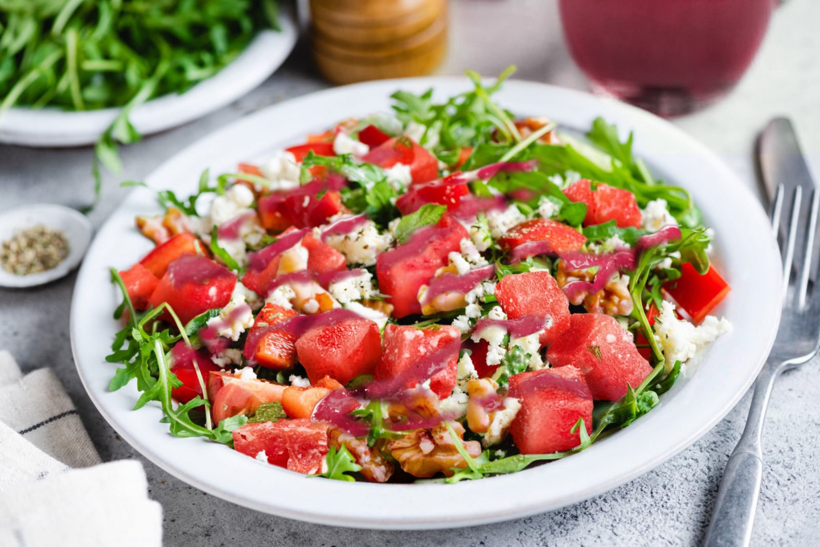 Fresh Arugula, Tomato, Watermelon And Feta Cheese Salad