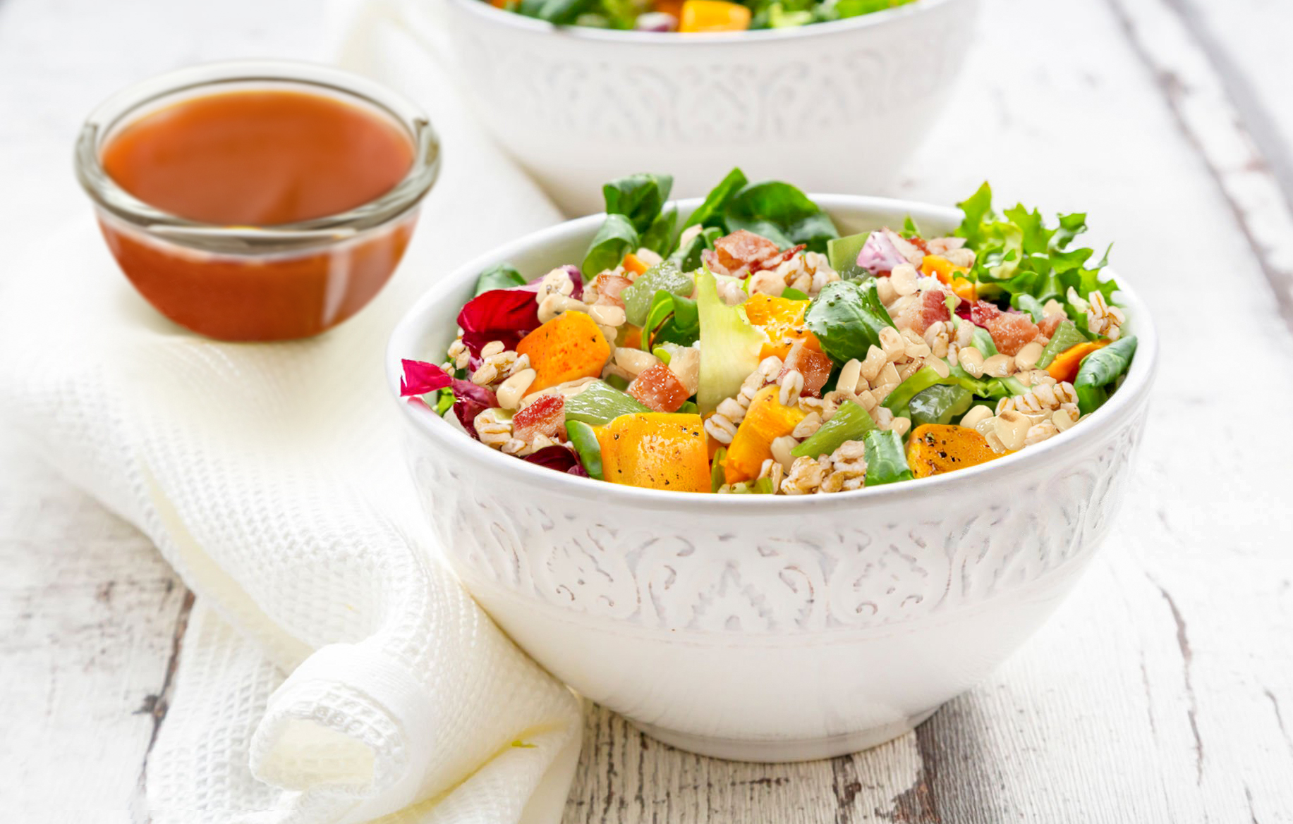 Roasted Sweet Potato Farro, Bacon and Mesculn Salad